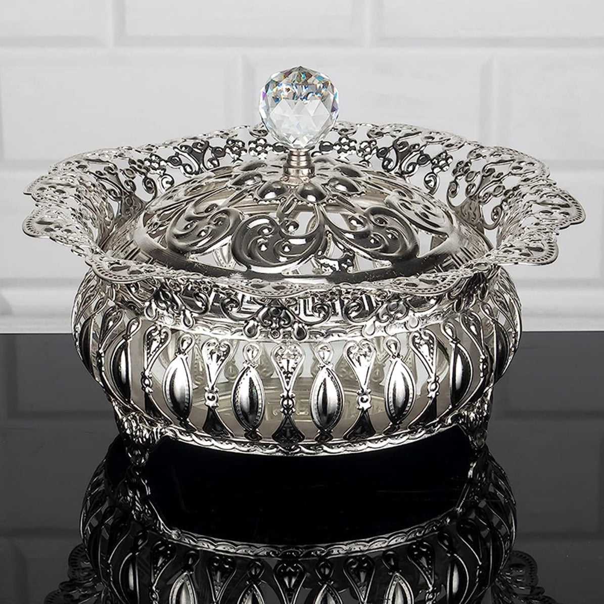 Handmade Fancy Sugar Serving Bowl with Crystal Lid